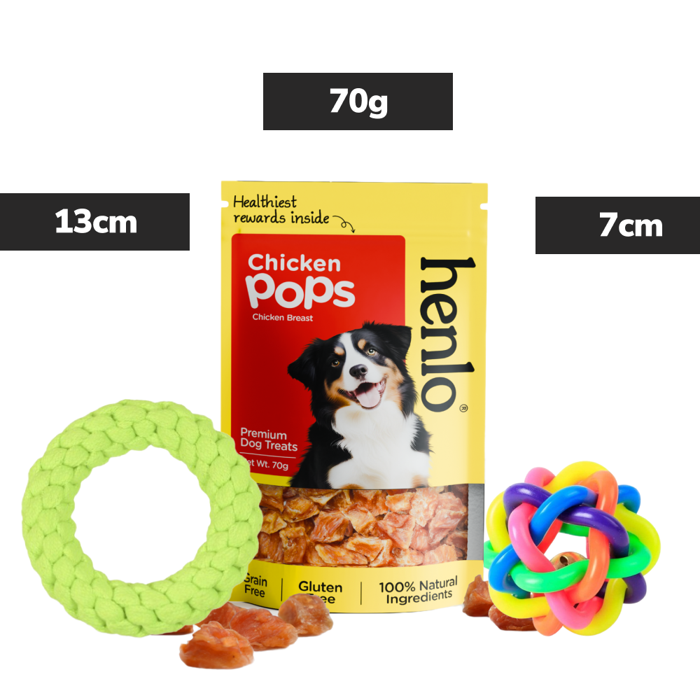 Skatrs Rope Ring Toy, Pet Vogue Bouncy Ball & Henlo Chicken Pops High Protein Treats Dog Combo Dog Treats + Others Henlo 13cm+7cm+70g