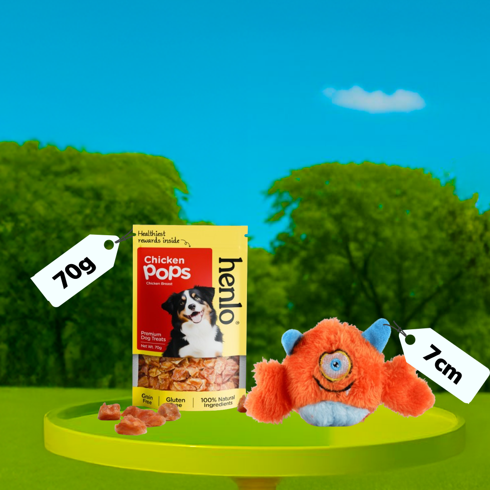 Henlo Chicken Pops High Protein Treats & Basil Orange Plush Monster Squeaky Ball Toy Dog Combo