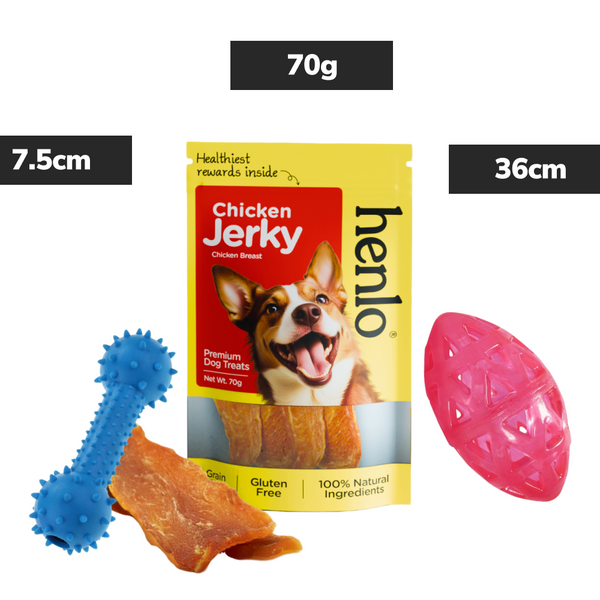 Skatrs Rugby Ball & Pet Vogue Bone Chew Toy with Henlo Chicken Jerky High Protein Treats Dog Combo