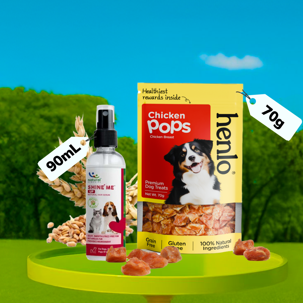 Natural Remedies Shine Me Up Hair Serum & Henlo Chicken Pops High Protein Treats Dog Combo