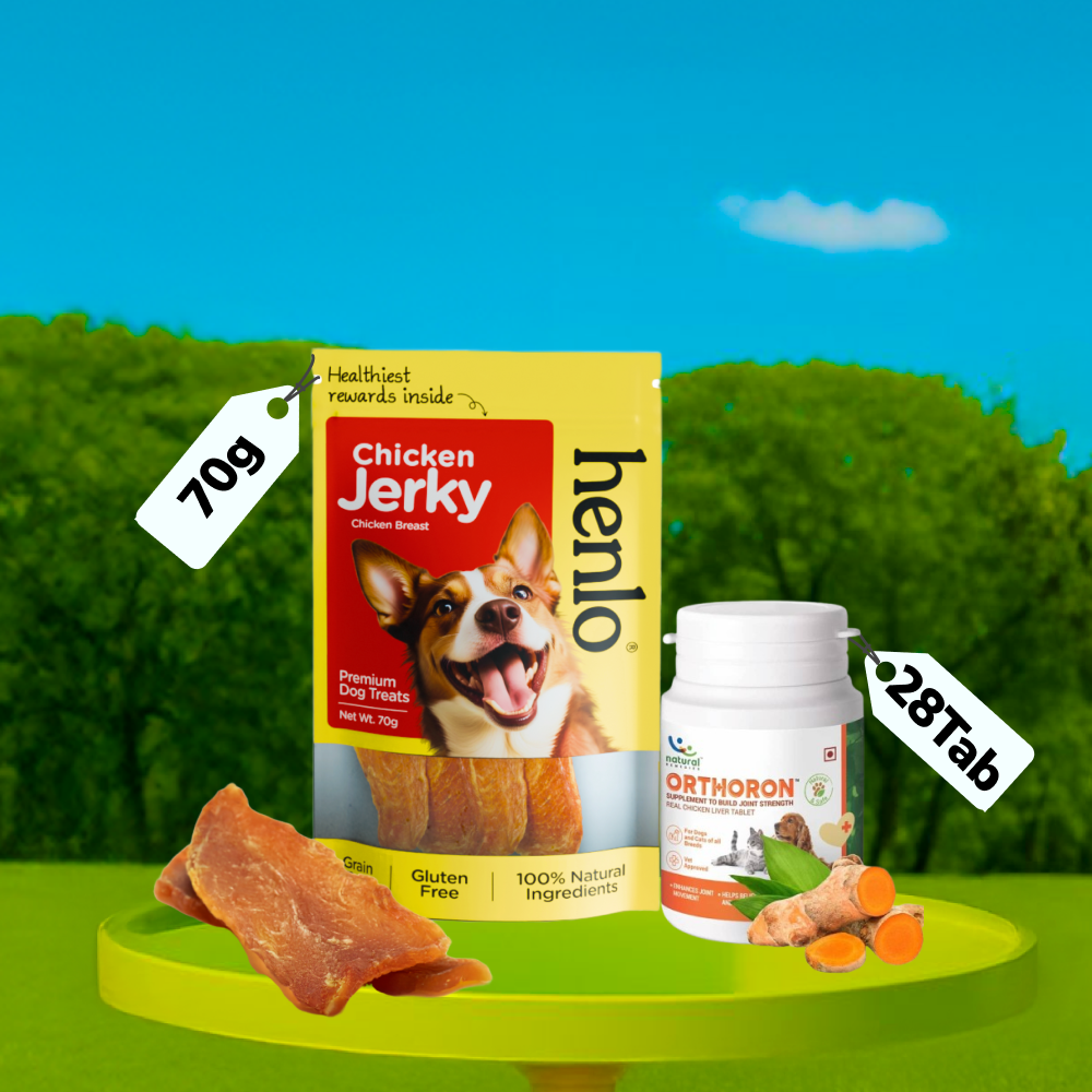 Natural Remedies Orthoron Joint Supplement Tablets & Henlo Chicken Jerky High Protein Treats Dog Combo