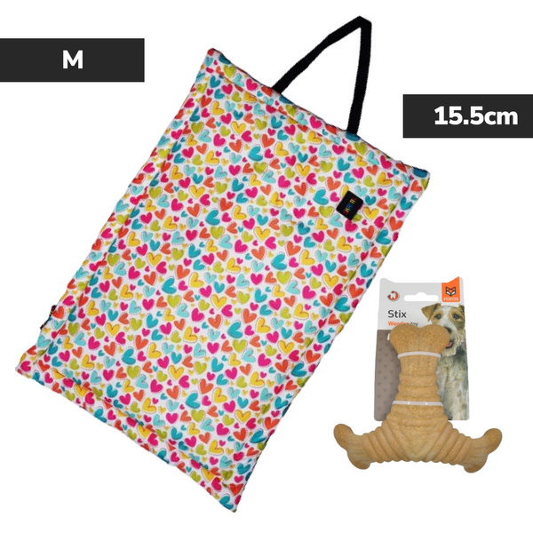 Skatrs Cozy Love Print Mat for Dogs & Cats + Barkbutler x Fofos Brown Woodplay Triangle Chew Dogs Toy Combo
