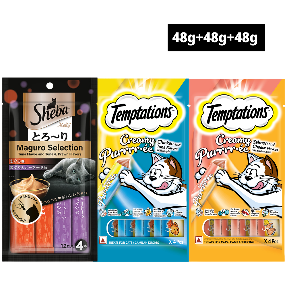Sheba Tuna and Prawn Melty, Chicken and Tuna Creamy and Salmon and Cheese Creamy Combo Cat Cats-Treats & Others Sheba 2x48g