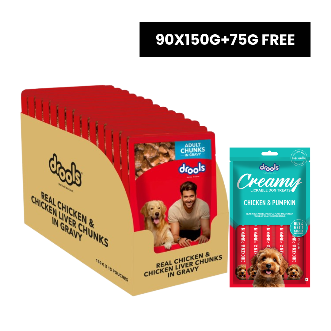 Drools Real Chicken & Chicken Liver Chunks in Gravy Adult Dog Wet Food Dogs-Wet Food Drools 90x150g+75g Treat Free