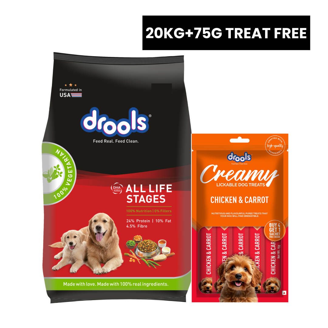 Drools 100% Vegetarian Puppy and Adult Dog Veg Dry Food (All Life Stages) Dogs- Dry Food Drools 20kg+75g Treat Free