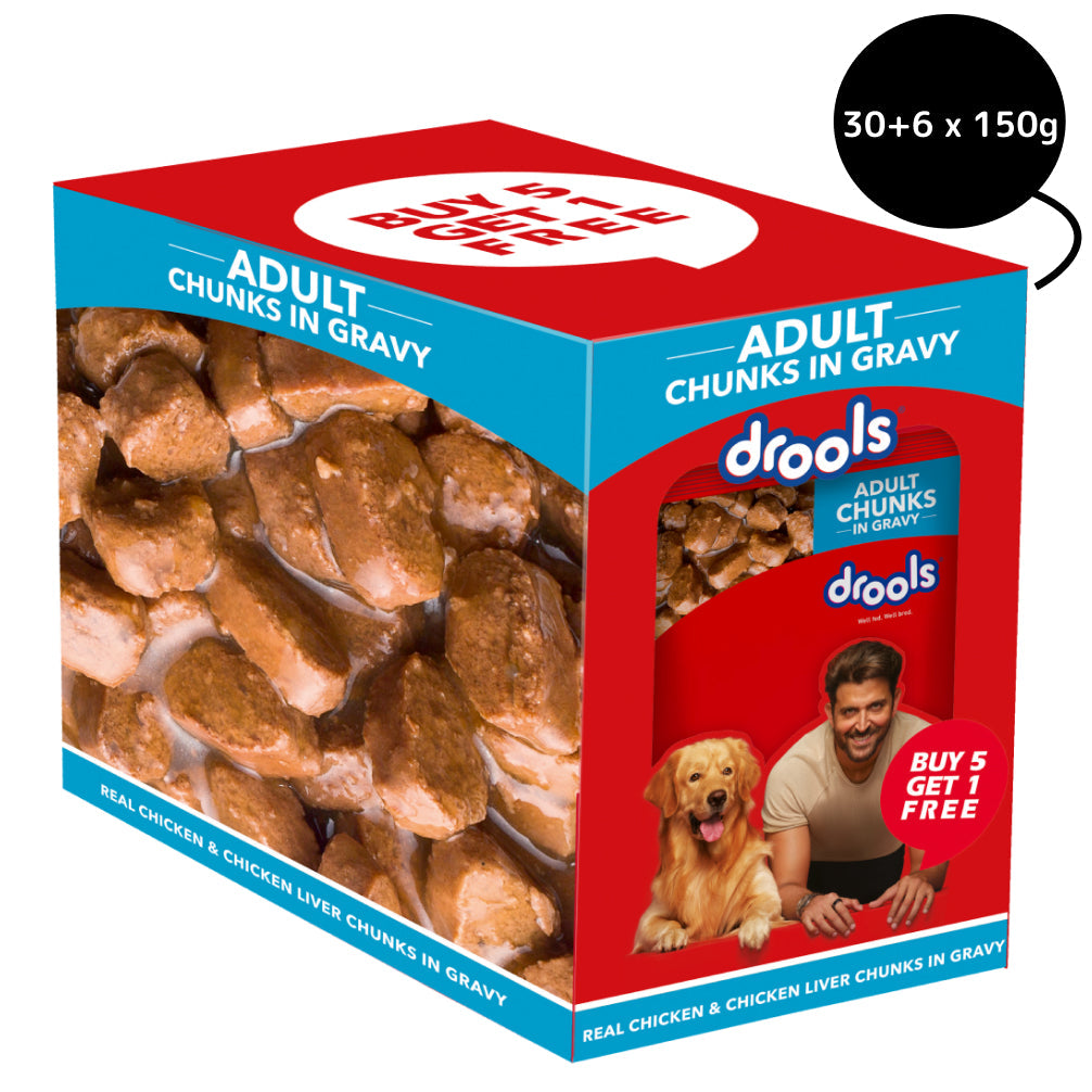 Drools Real Chicken & Chicken Liver Chunks in Gravy Adult Dog Wet Food Dogs-Wet Food Drools 30+6x150g