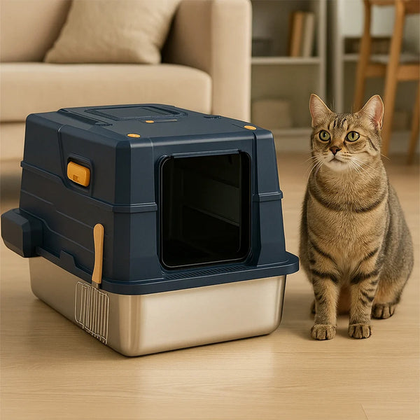 Smart Pet Covered Stainless Steel Litter Box for Cats (Black)