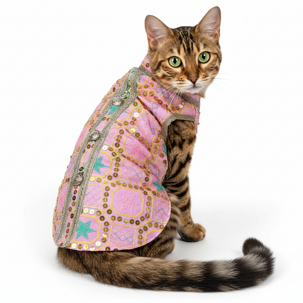 Pawsindia Traditional Nawabi Embroidered Kurta for Cats (Pink)