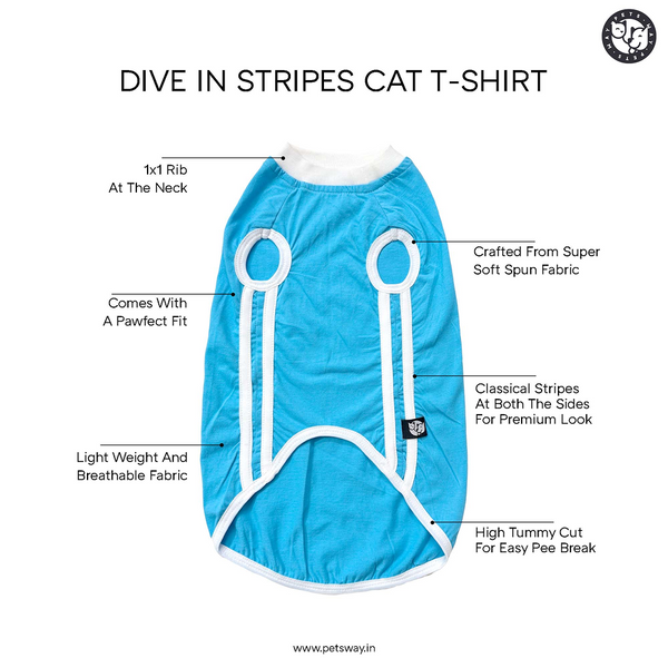 Pets Way Dive In Stripes Tshirt for Cat (Ocean)