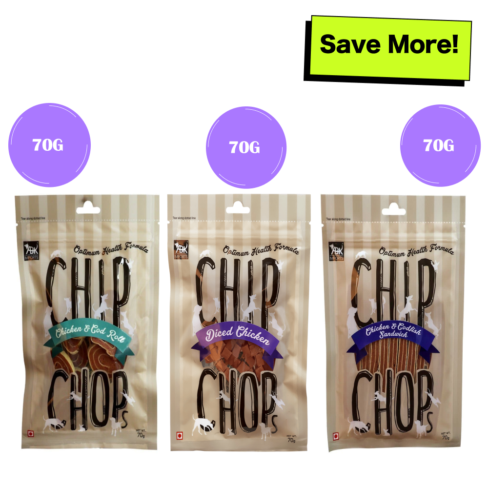 Chip Chops Chicken and Codfish Rolls, Diced Chicken and Chicken and Codfish Sandwich Dog Treats Combo Dog Treats + Others Chip Chops 3x70g