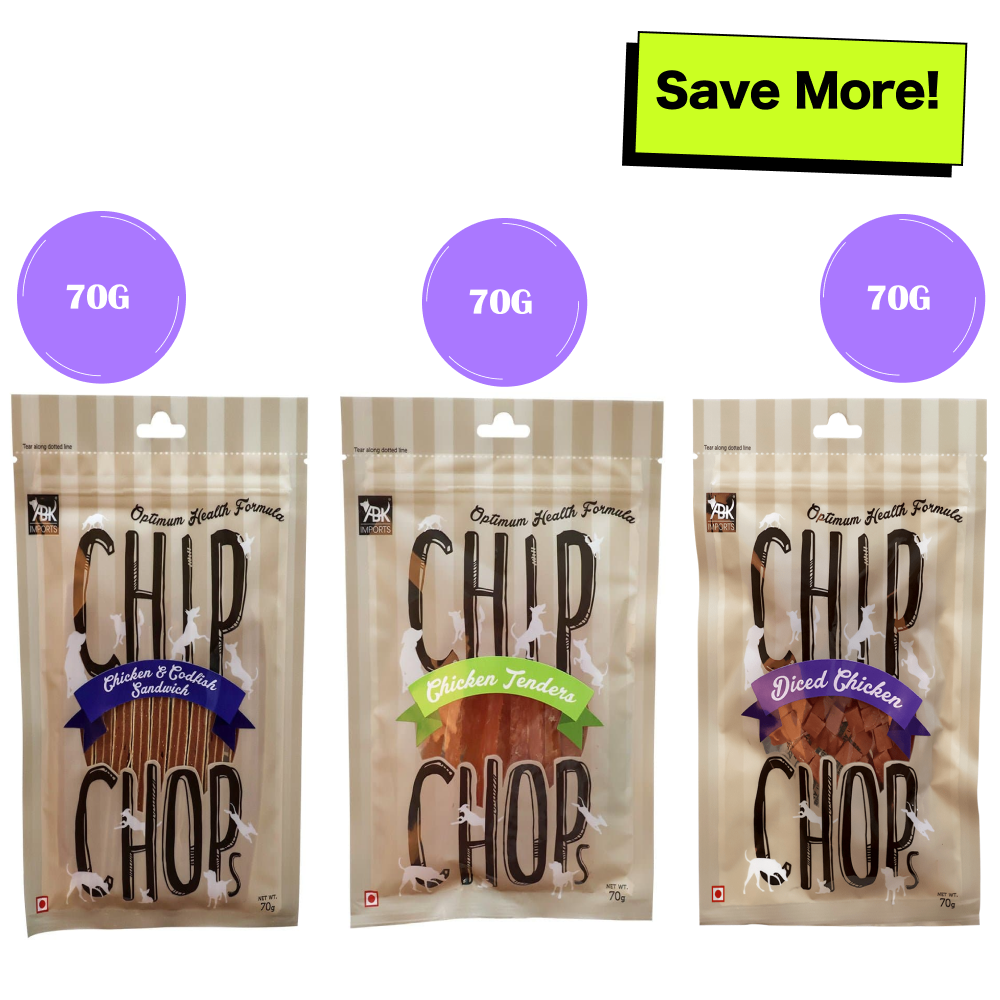 Chip Chops Diced Chicken, Chicken & Codfish Sandwich and Chicken Tenders Dog Treats Combo Dog Treats + Others Chip Chops 3x70g