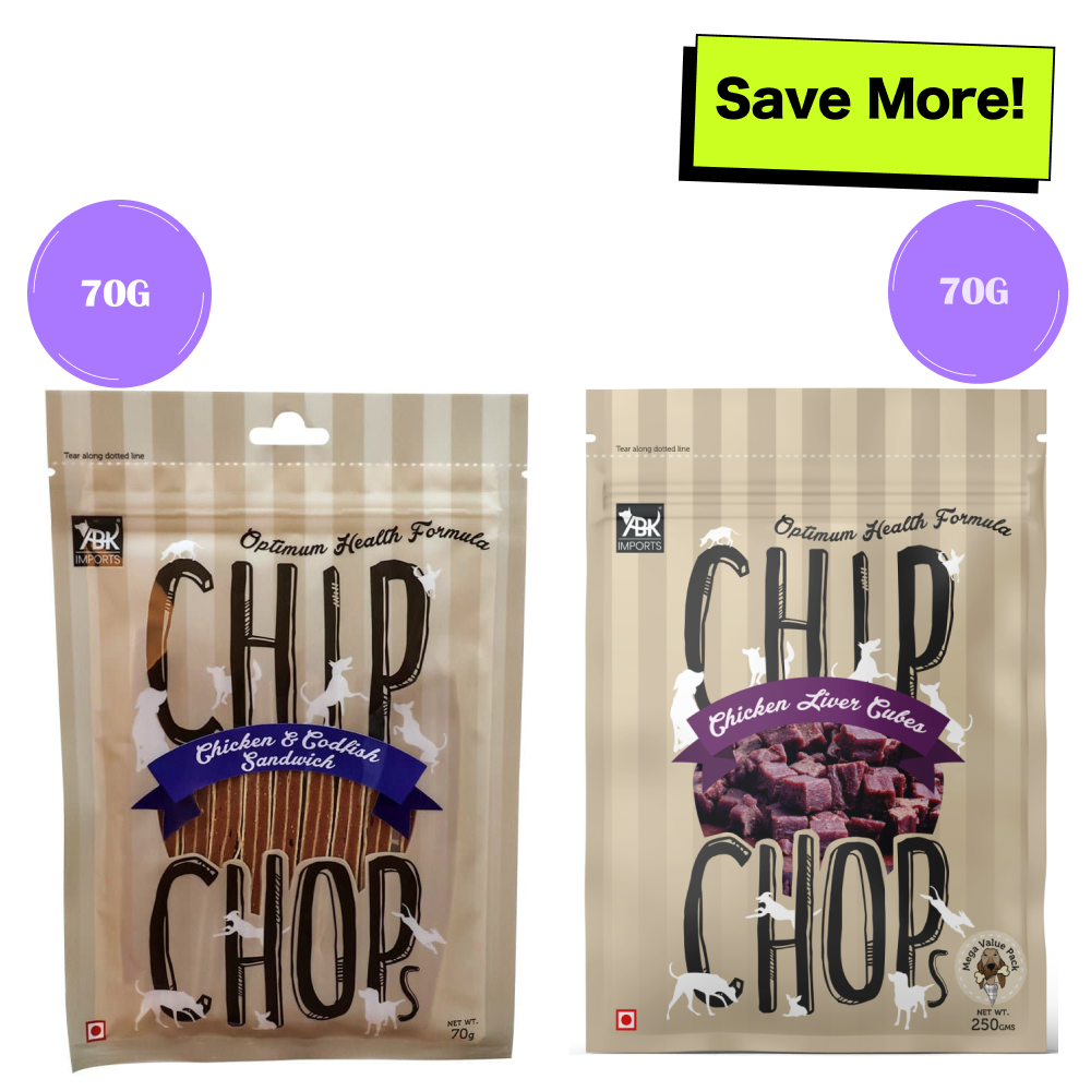 Chip Chops Chicken & Codfish Sandwich and Chicken Liver Cubes Dog Treats Combo Dog Treats + Others Chip Chops 70g+70g