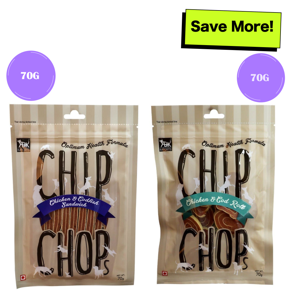Chip Chops Chicken & Codfish Rolls and Sandwich Dog Treats Combo Dog Treats + Others Chip Chops 70g+70g