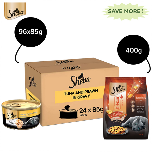 Sheba Tuna Fillet & Whole Prawns in Gravy Premium Cat Wet Food and Chicken Flavour Irresistible All Life Stage Cat Dry Food Combo