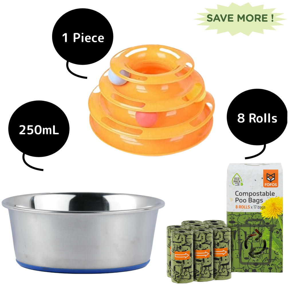 Durapet Stainless Steel Bowl, Fofos Poop Bag Refills and Emily Pets Interactive Tower of Tracks for Cats Combo