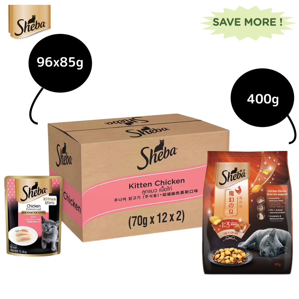 Sheba Chicken Loaf Premium Kitten (2 to 12 Months) Wet Food and Chicken All Life Stage Cat Dry Food Combo
