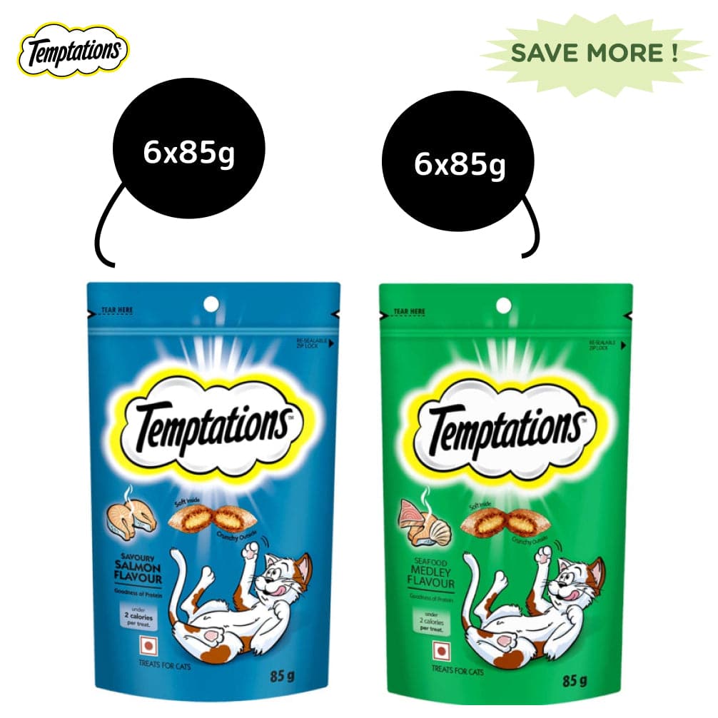 Temptations Seafood Medley and Savoury Salmon Flavour Cat Treats Combo