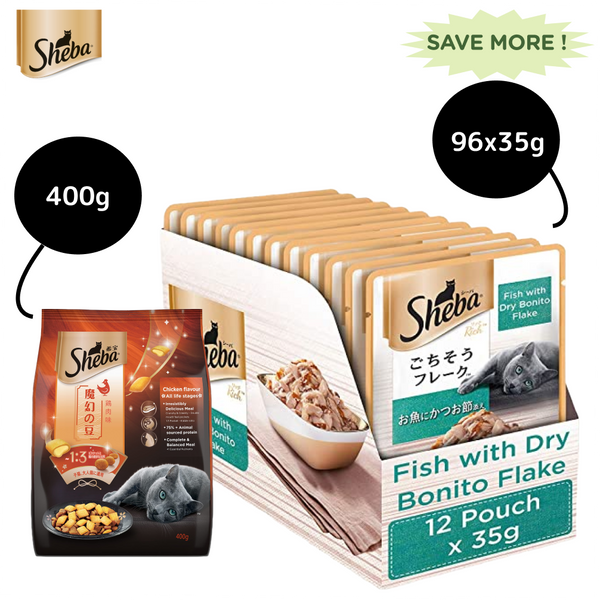 Sheba Fish with Dry Bonito Flake Premium Cat Wet Food and Chicken Flavour Irresistible All Life Stage Cat Dry Food Combo