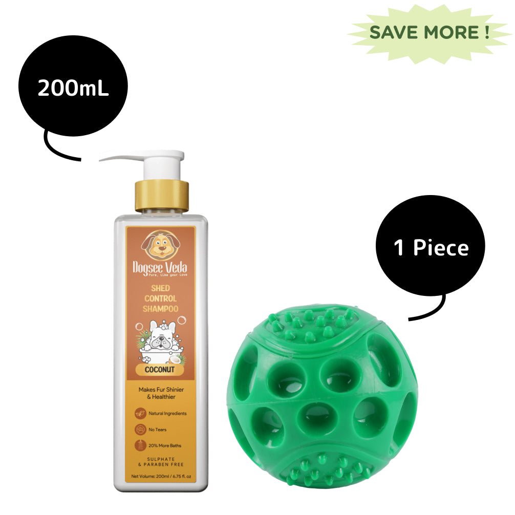 Goofy Tails Hard Squeaky Rubber Ball Toy and Dogsee Veda Shed Control Coconut Oil Shampoo for Dogs Combo