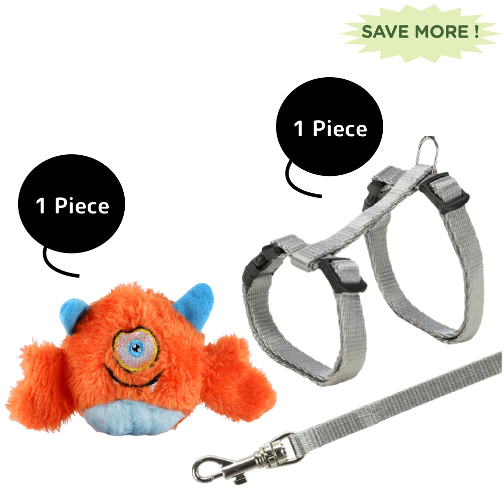 Basil Plush Monster Ball Toy and Trixie Harness with Leash for Cats & Kittens Combo
