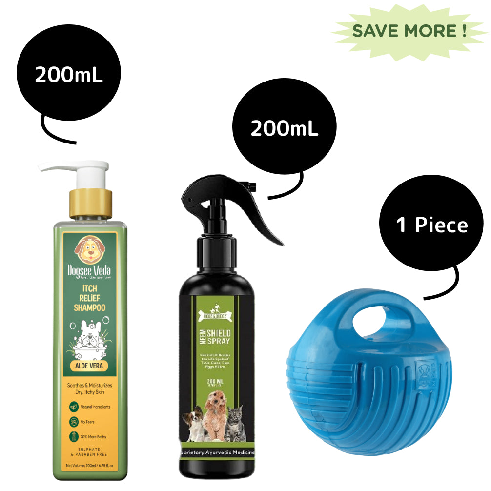M Pets Arco Ball Toy, DOGZ & DUDEZ Natural Neem Shield Tick & Flea Repellent and Dogsee Veda ITCH RELIEF Aloe Vera Shampoo for Dogs Combo