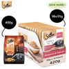 Sheba Skipjack & Salmon Fish Mix Cat Wet Food and Chicken Flavour Irresistible All Life Stage Cat Dry Food Combo Exclusive Combo Sheba 96x35g + 400g