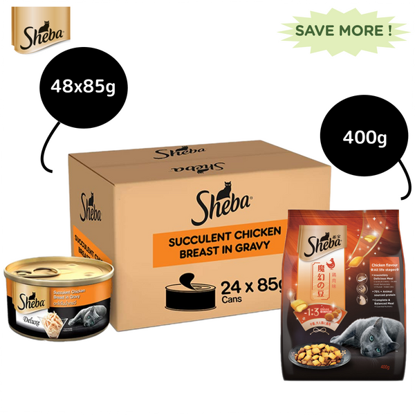 Sheba Complete Nutrition Succulent Chicken Breast In Gravy Cat Wet Food and Chicken Flavour Irresistible Cat Dry Food Combo