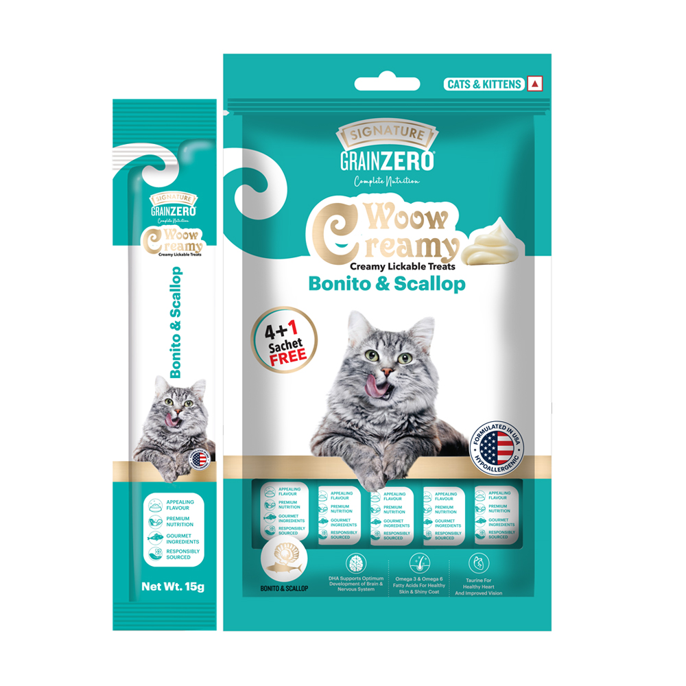 Signature Grain Zero Salmon and Bonito & Scallop Lickable Creamy Cat Treats Combo