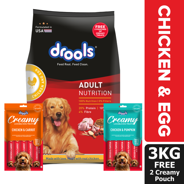 Drools Chicken and Egg Adult Dry Dog Food with Free Creamy Treat Pouches