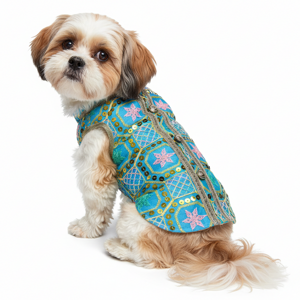 Pawsindia Traditional Nawabi Embroidered Kurta for Dogs (Sky Blue)