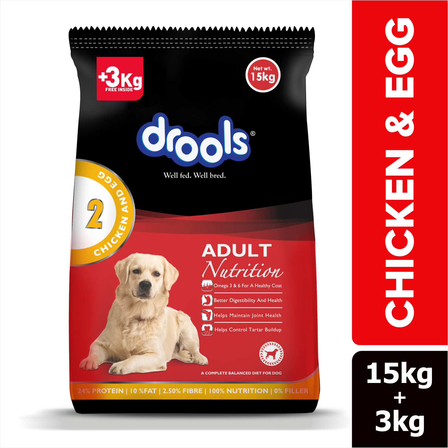 Buy Drools Chicken and Egg Adult Dog Dry Food 15kg plus 3 kg pack