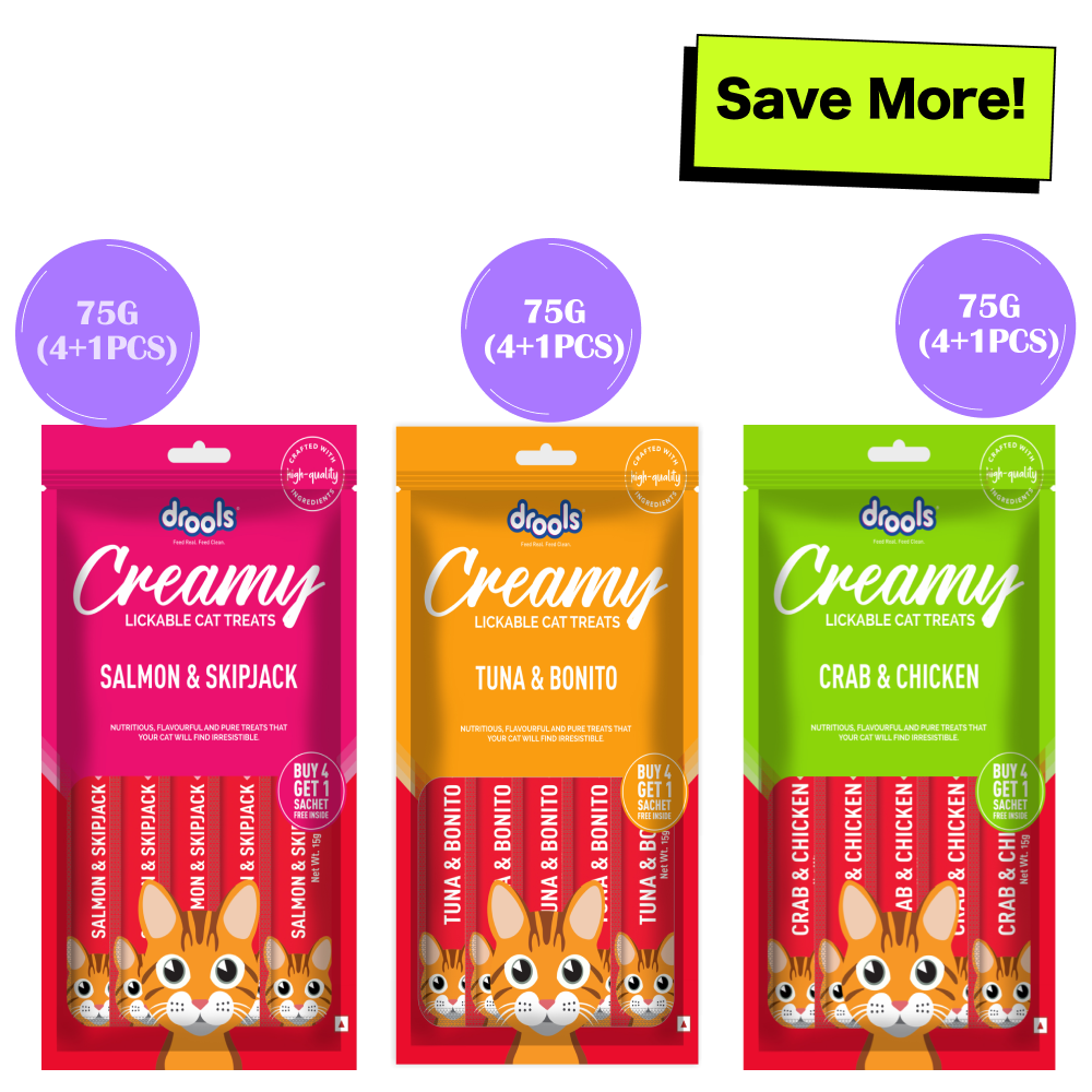 Drools Tuna & Bunito , Salmon & Skipjack and Crab & Chicken Creamy Cat Treats Combo Cats-Treats & Others Drools 3x75g (15pcs)
