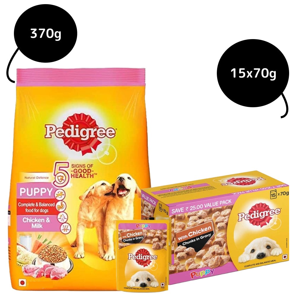 Pedigree Chicken Chunks in Gravy Pouch Puppy Wet Food and Chicken & Milk Puppy Dry Food Combo