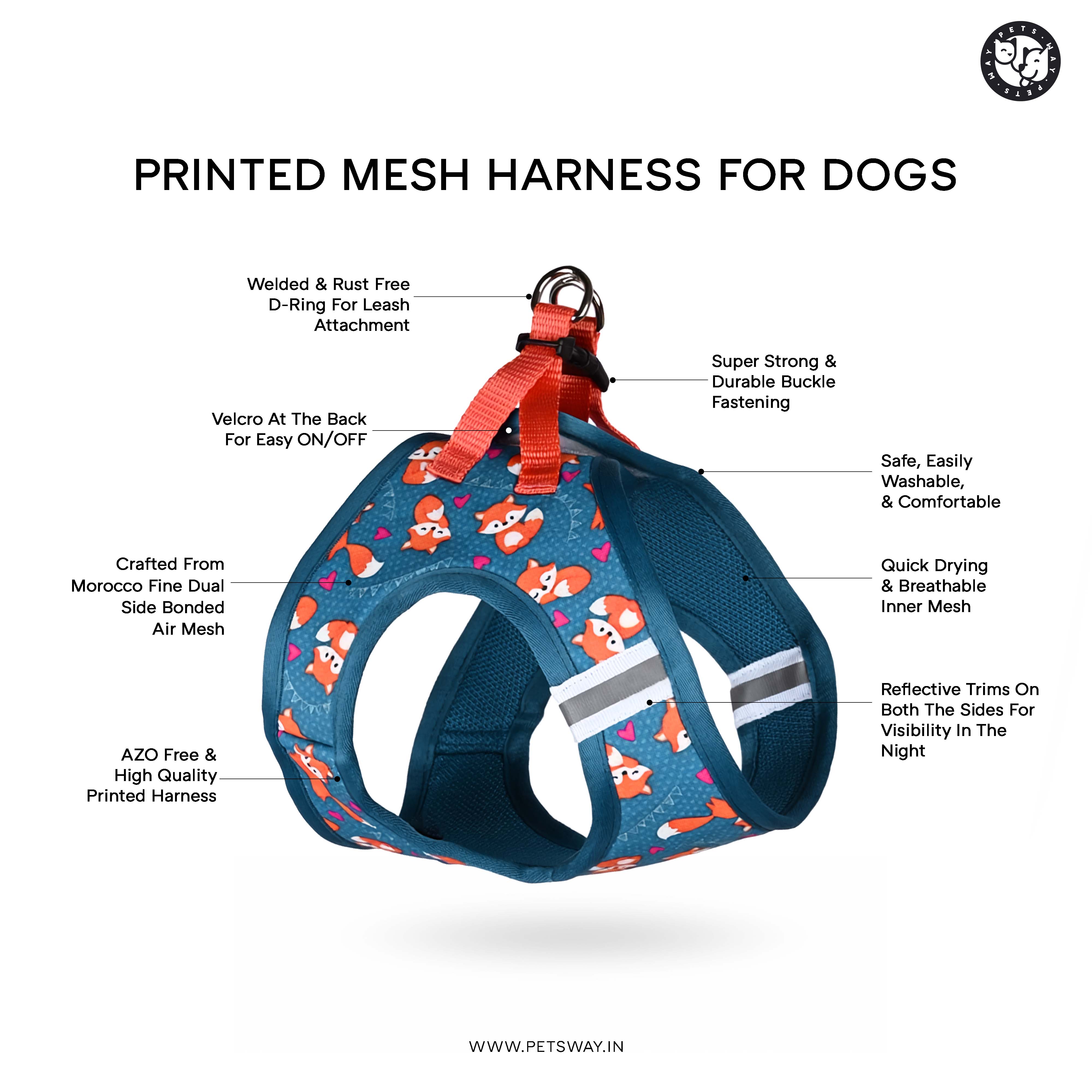 Pets Way Foxie Air Mesh Printed Harness for Puppies and Small Dogs Dogs-Collar, Leashes, harnesses Pets Way