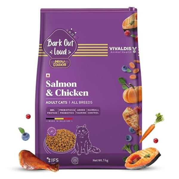 Bark Out Loud Salmon & Chicken with Mackerel & Duck Chunks in Gravy Wet & Dry Food Combo for Adult Cats