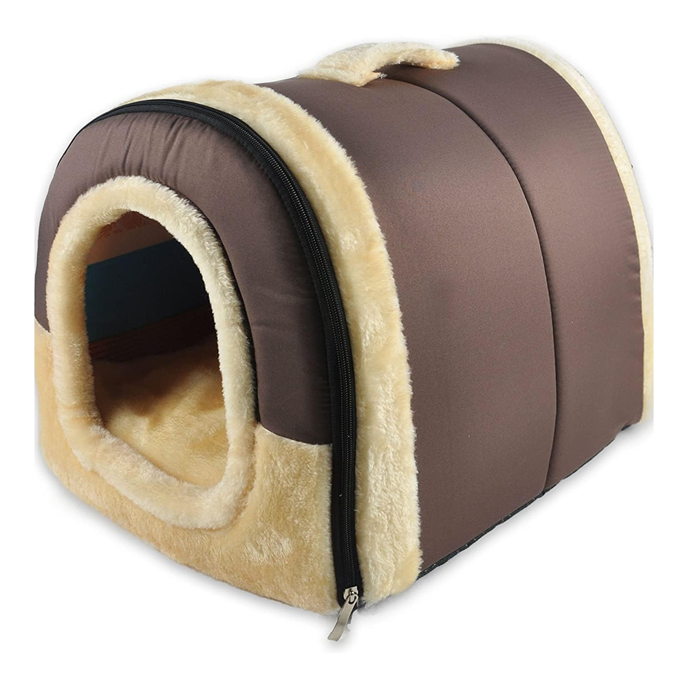 Fluffy's Pawsome Igloo 2 in 1 Foldable Ultra Soft Pet House Bed for Dogs and Cats (Brown) Both-Bedding, Mats & Travel Supplies Fluffy's S