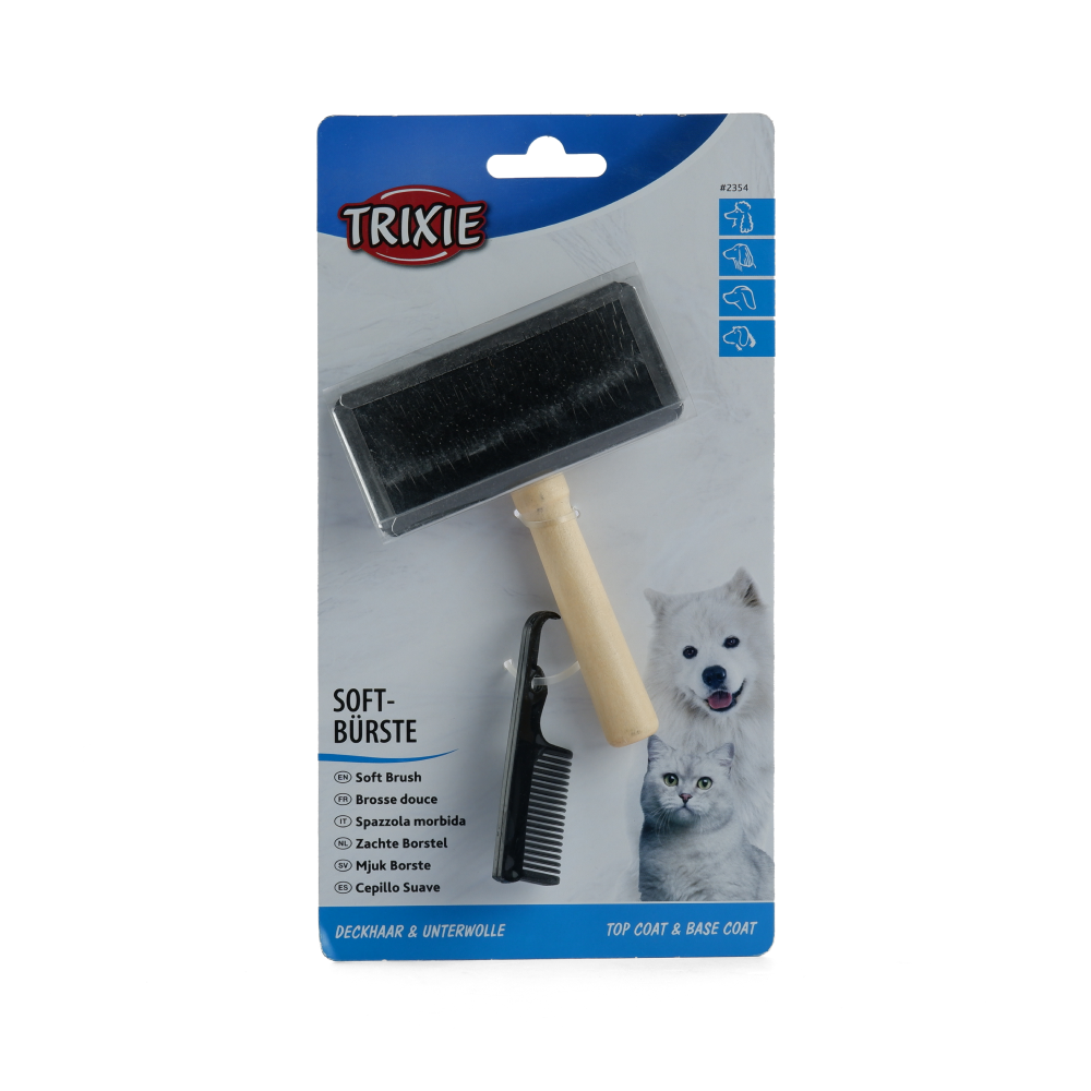 Trixie Slicker Wooden Brush with Brush Cleaner for Dogs and Cats (Black)