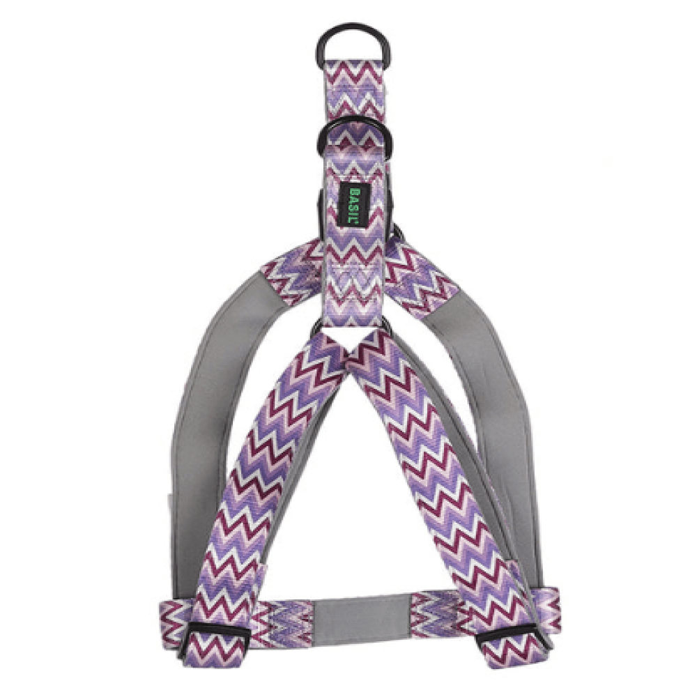 Basil Printed Adjustable Harness, Printed Leash and Nylon Padded Collar for Dogs Combo (Purple) - M