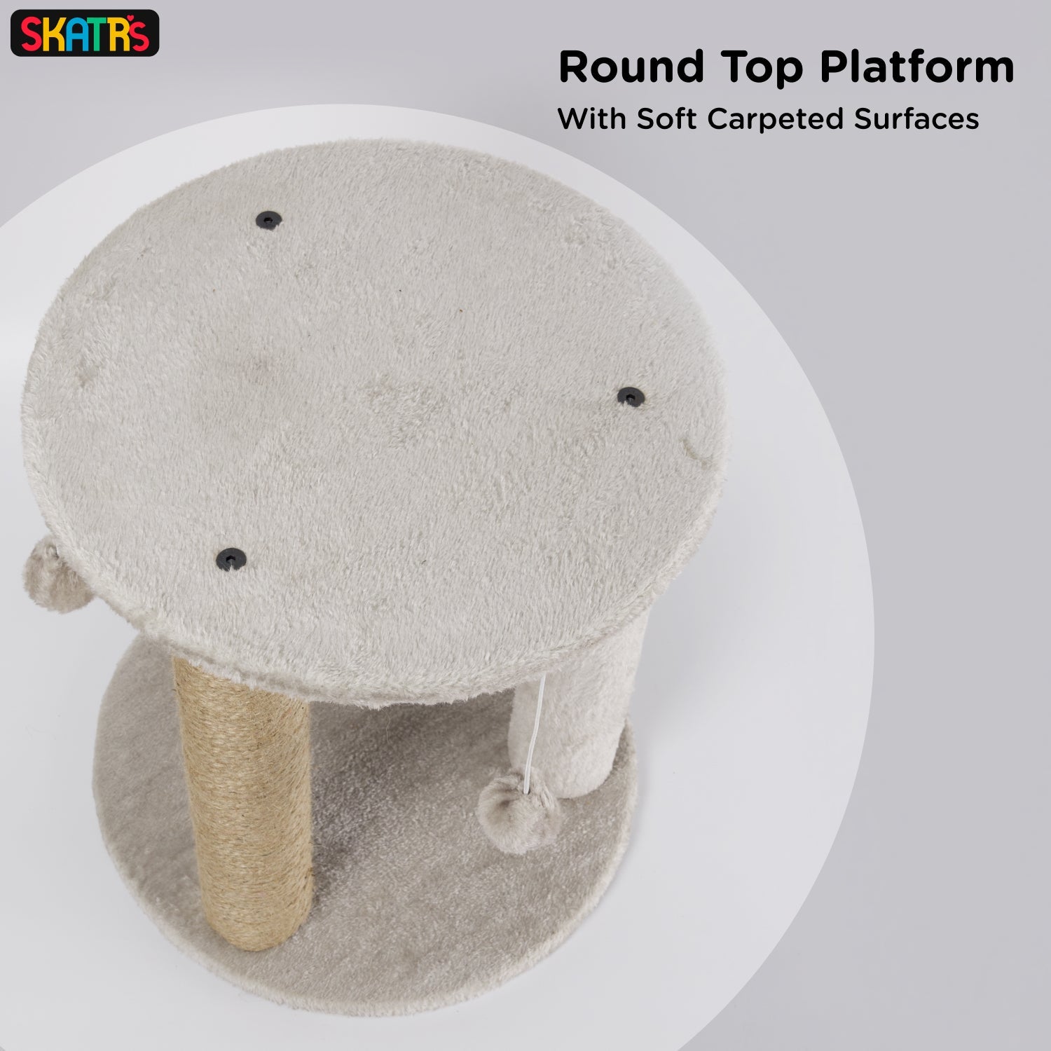 Skatrs Whisker Wonderland Circular Three Scratching Post with Hanging Pom Pom Cat Tree Toy (Grey) Cats-Toys Skatrs