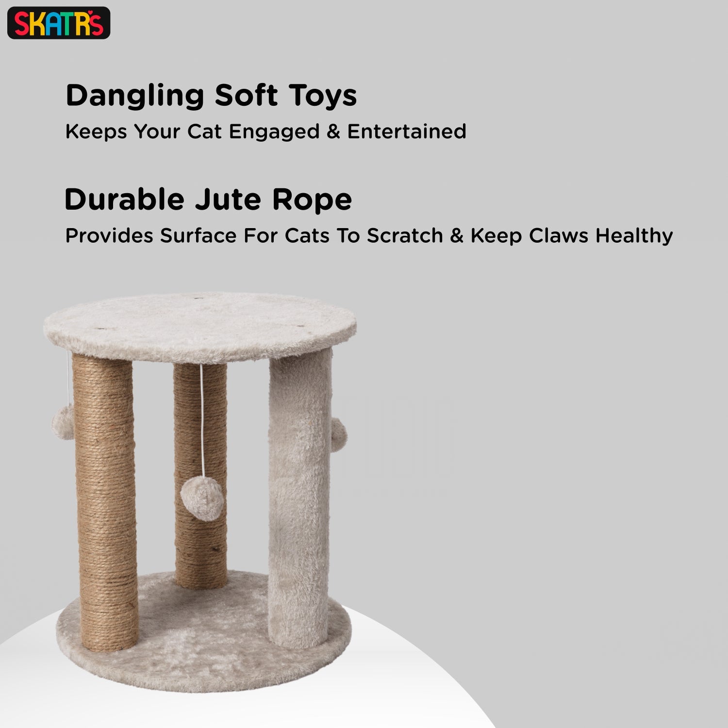 Skatrs Whisker Wonderland Circular Three Scratching Post with Hanging Pom Pom Cat Tree Toy (Grey) Cats-Toys Skatrs