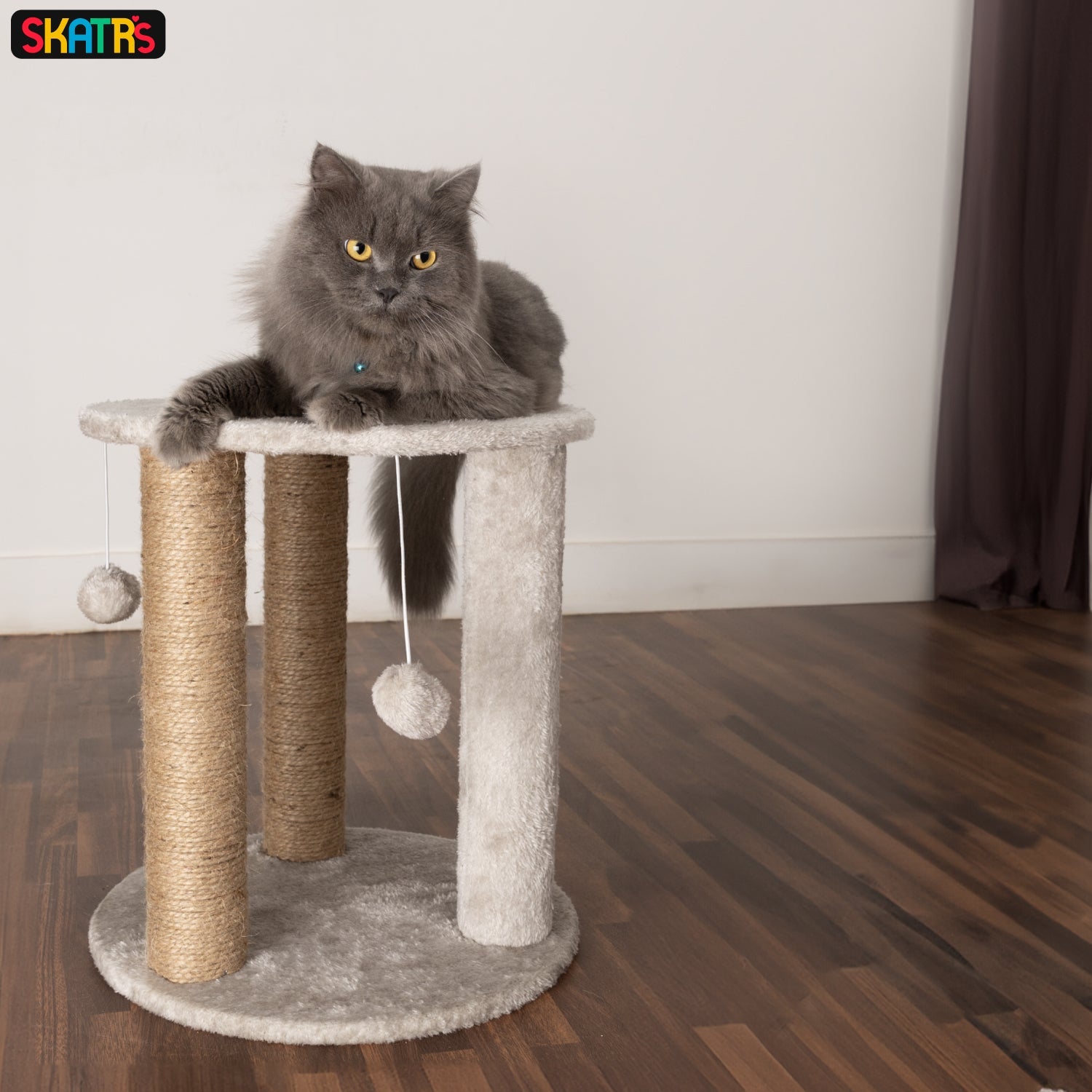 Skatrs Whisker Wonderland Circular Three Scratching Post with Hanging Pom Pom Cat Tree Toy (Grey)