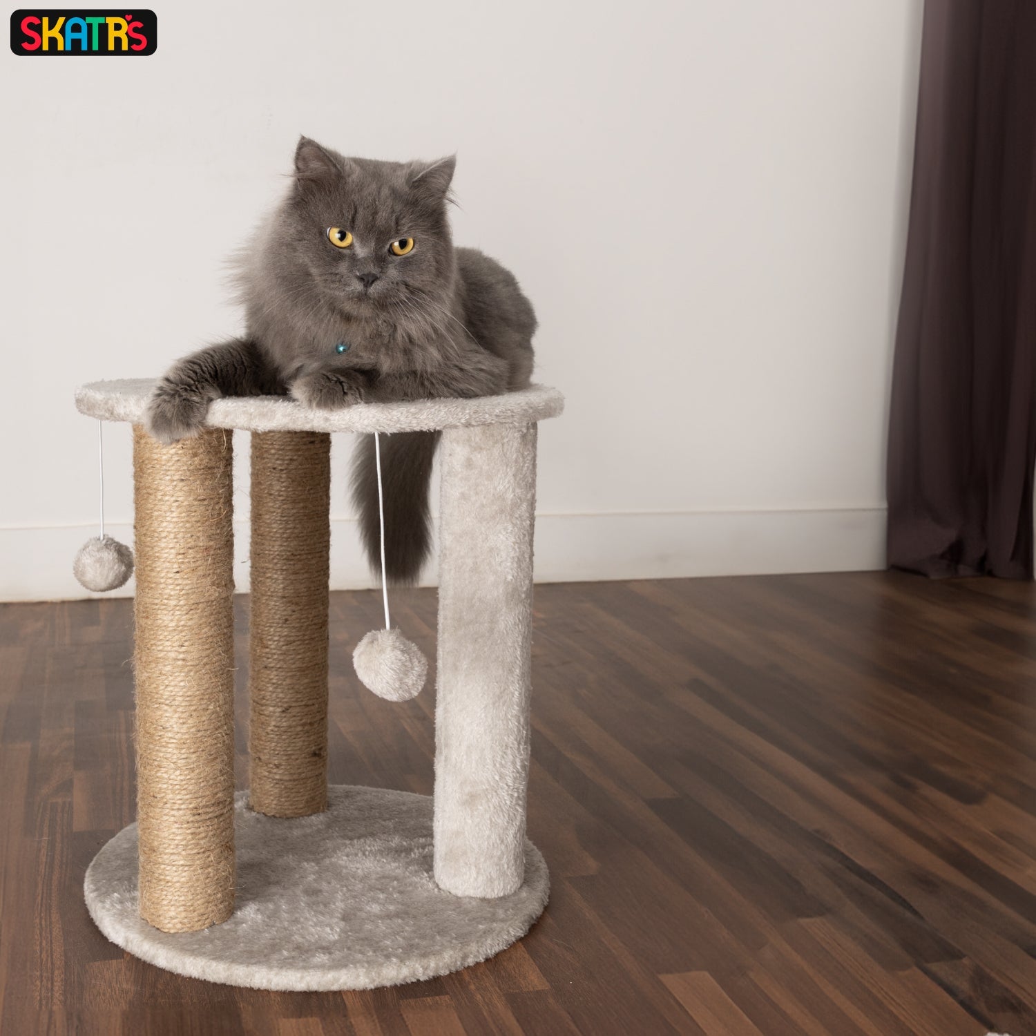 Skatrs Whisker Wonderland Circular Three Scratching Post with Hanging Pom Pom Cat Tree Toy (Grey) Cats-Toys Skatrs
