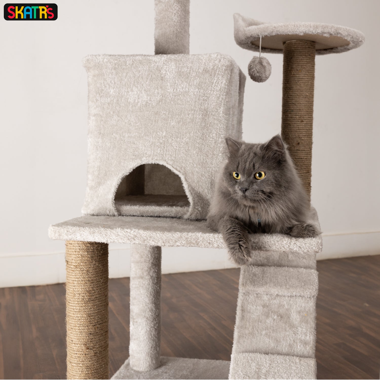 Skatrs Kitty Kastle Multi Level Cat Tree with Condo, Scratching Post, Platform and Ladder Toy (Grey)