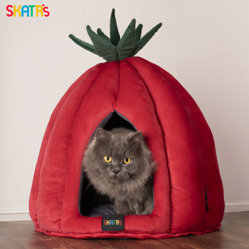 SKATRS Velvet Strawberry Dome House for Cats and Small Dogs