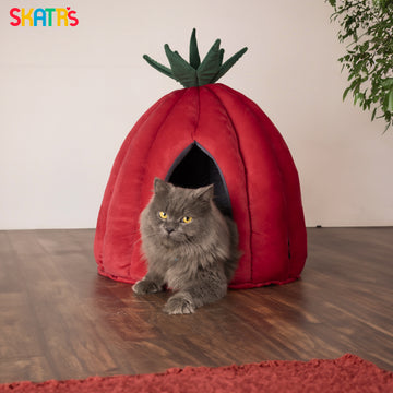 SKATRS Velvet Strawberry Dome House for Cats and Small Dogs