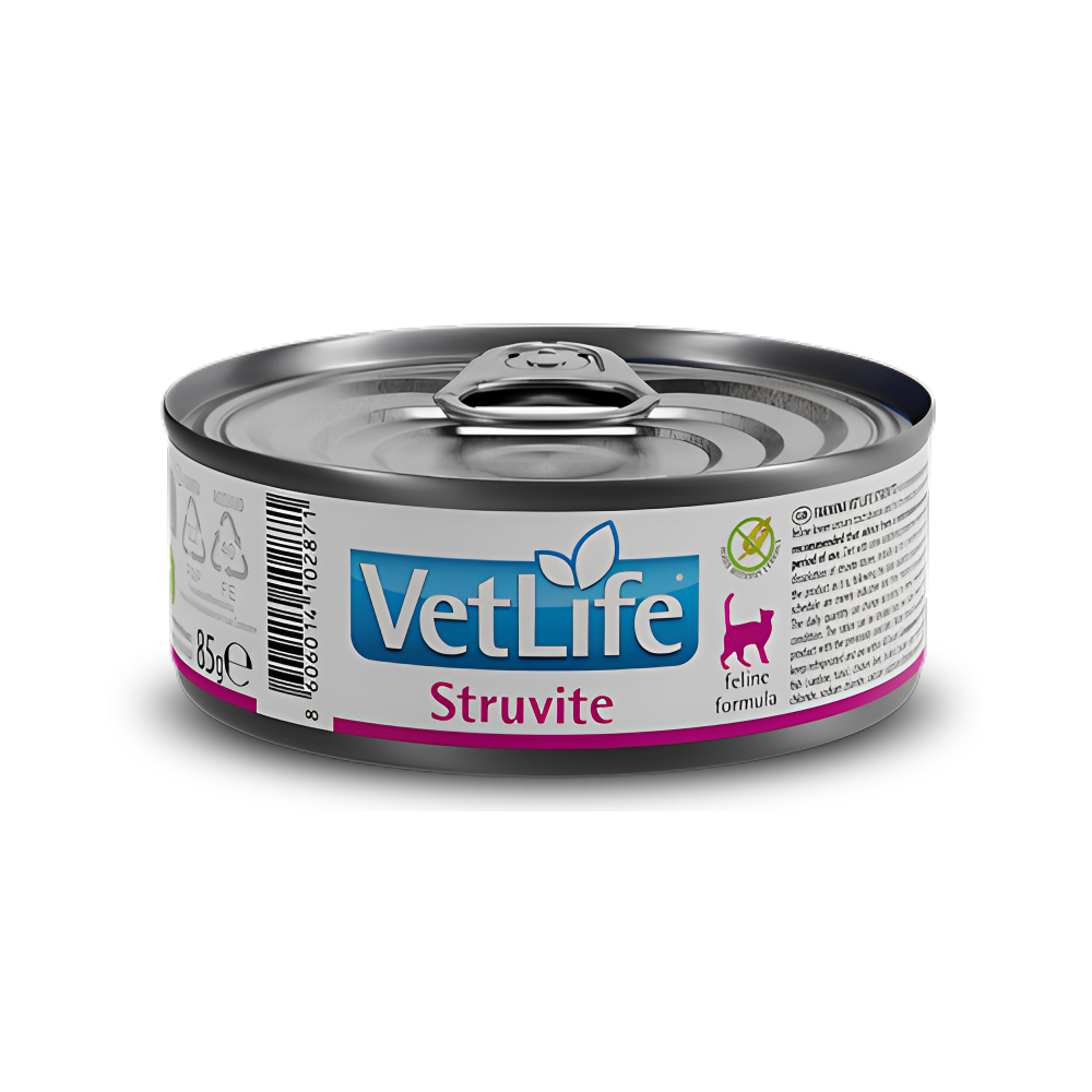 Farmina Vet Life Struvite Feline Formula Cat Wet Food helps in dissolution of struvite calculi and reduction of relapses of struvite calculi. Urine acidification.