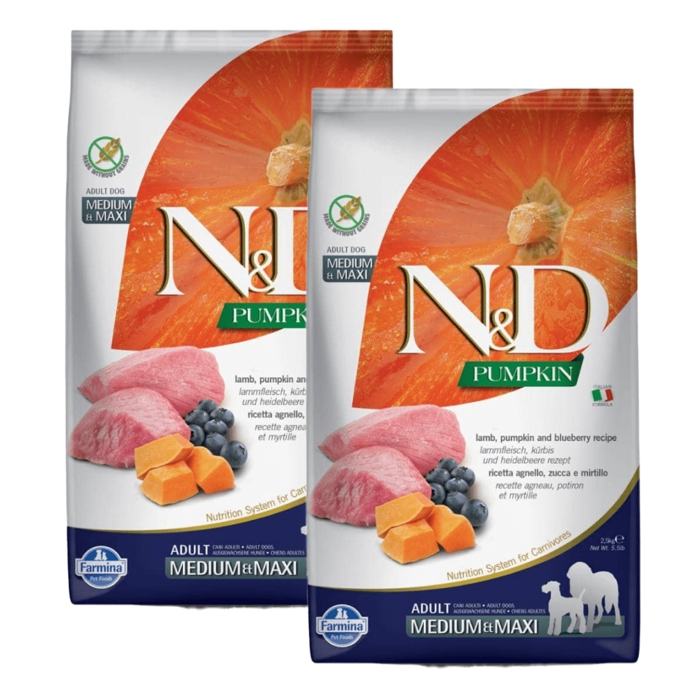 Farmina N&D Pumpkin Lamb & Blueberry Grain Free Adult Medium Maxi Dog Dry Food Dogs- Dry Food Farmina N&D 5kg (2x2.5kg)