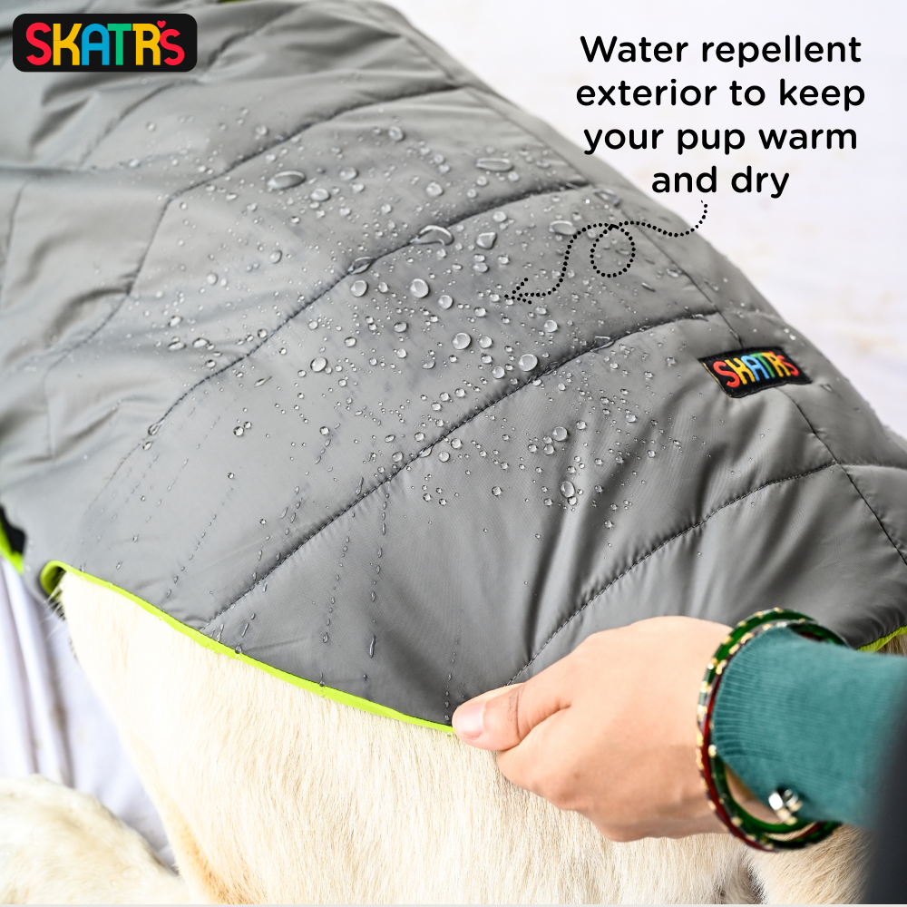 SKATRS Grey Puffer Reversible Jacket for Dogs and Cats | With Adjustable Baby Velcro