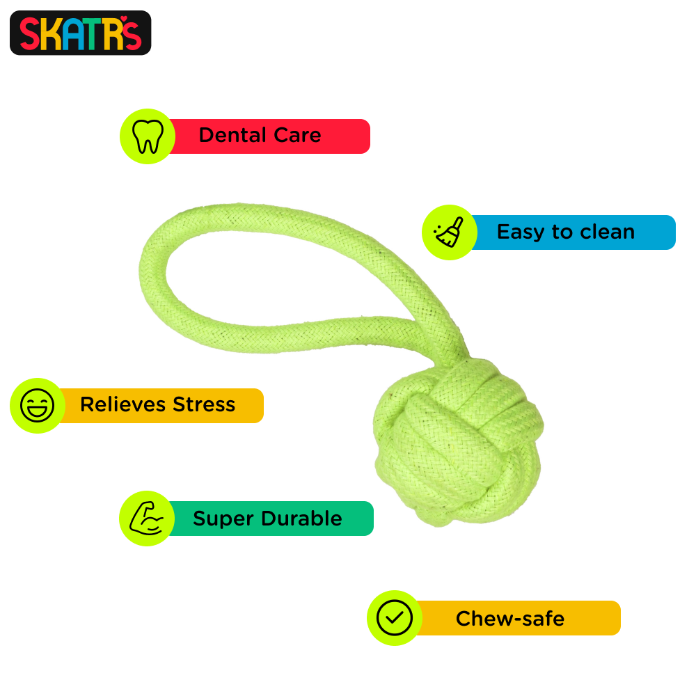 SKATRS Knotted Ball with Handle Rope Chew Toy for Dogs and Cats (Neon Green)