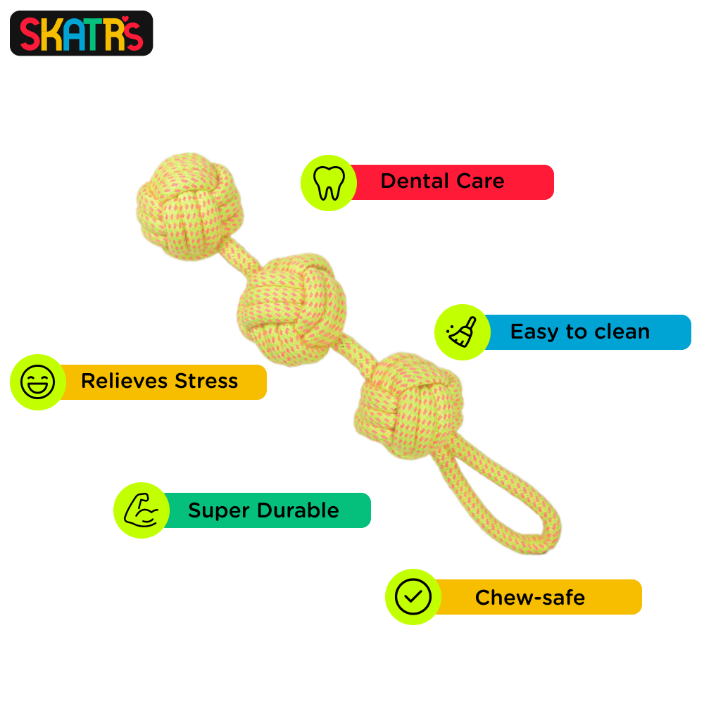 SKATRS 3 Ball Tug, Ball and Bone Shaped Rope Chew Toy Combo for Dogs and Cats